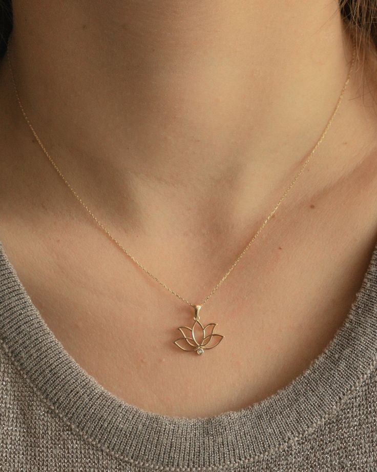 Yellow Gold Necklace Lotus Necklace Dainty Necklace Pendant Necklace Lotus Flower Necklace Christmas Gifts Gift For Mom
